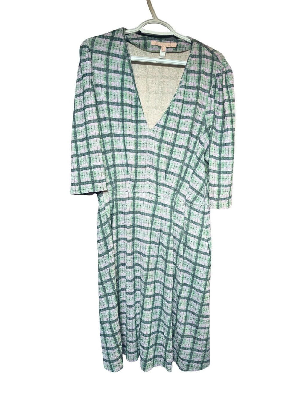 Midi V-Neck Plaid Dress in Green and White